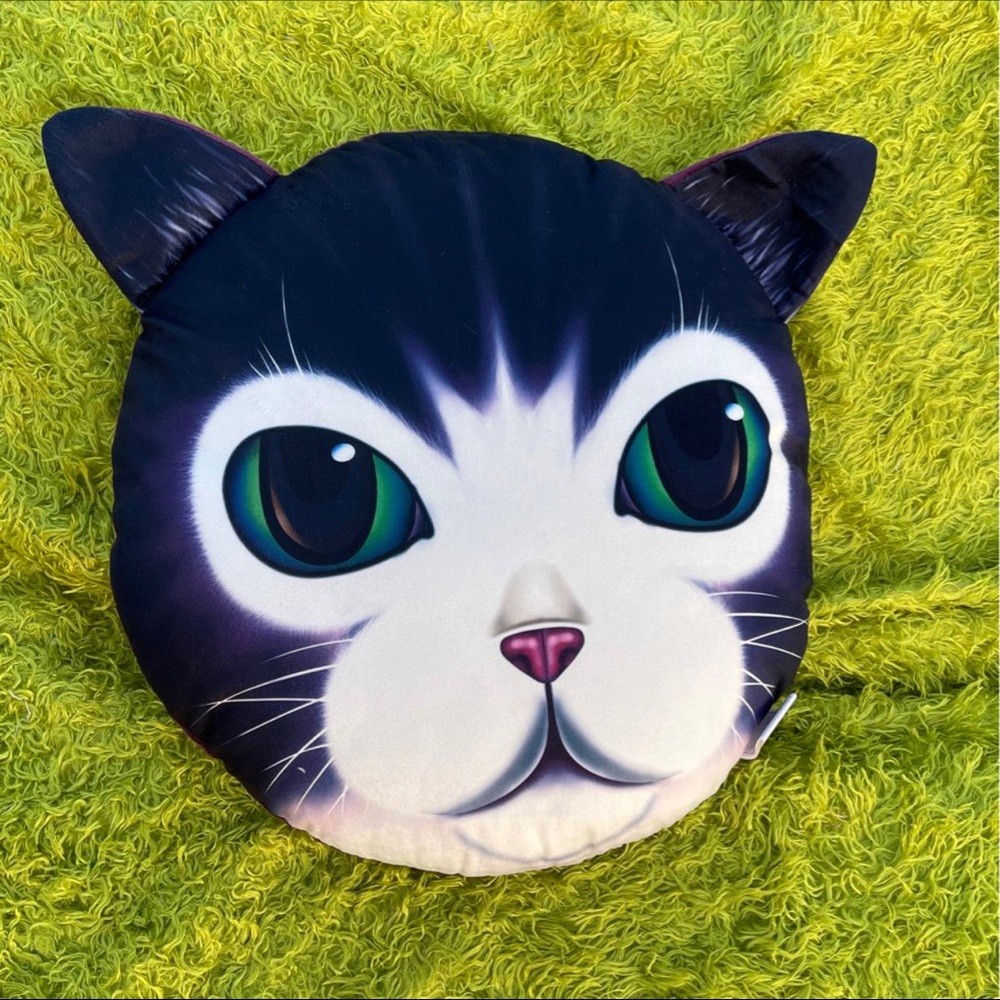 Plush Black Kitty Pillow With Green Eyes 17”